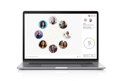 A laptop showing Bixe's dialogue feature, with users in a circle joined by a web and a timer