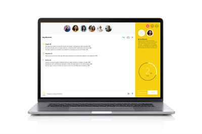 A laptop showing Bixe's review phase, with users checking out a list of the notes and action items they have made in the meeting